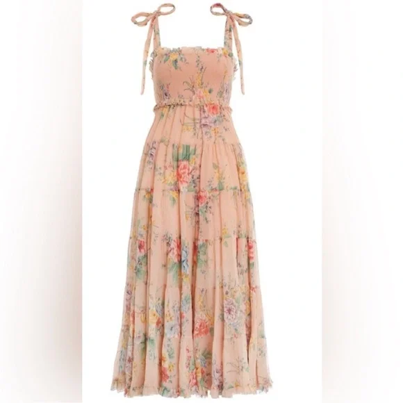 Zimmermann Zinnia Shirred Cotton-Silk Crepon Midi Dress in Coral Floral size 0 - Picture 14 of 14